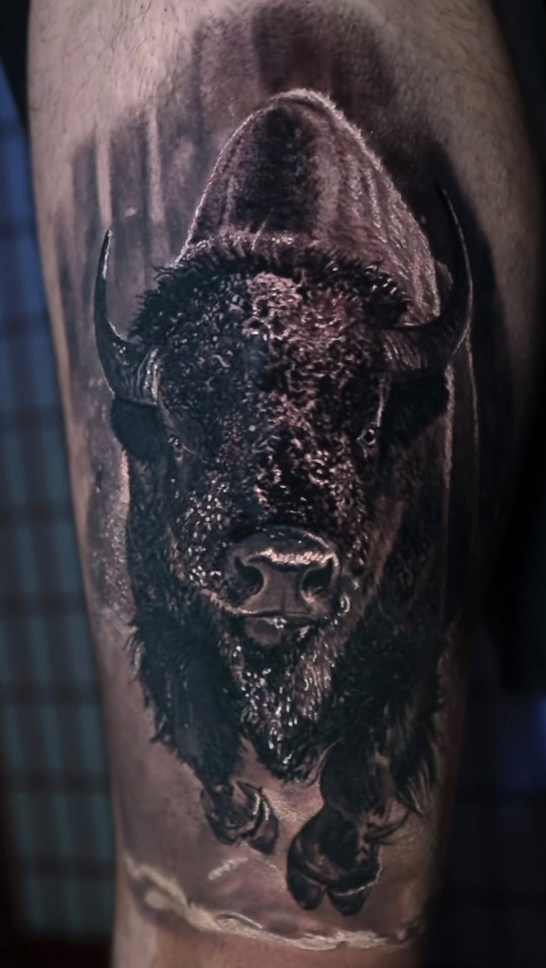 Black-and-grey bison portrait tattoo