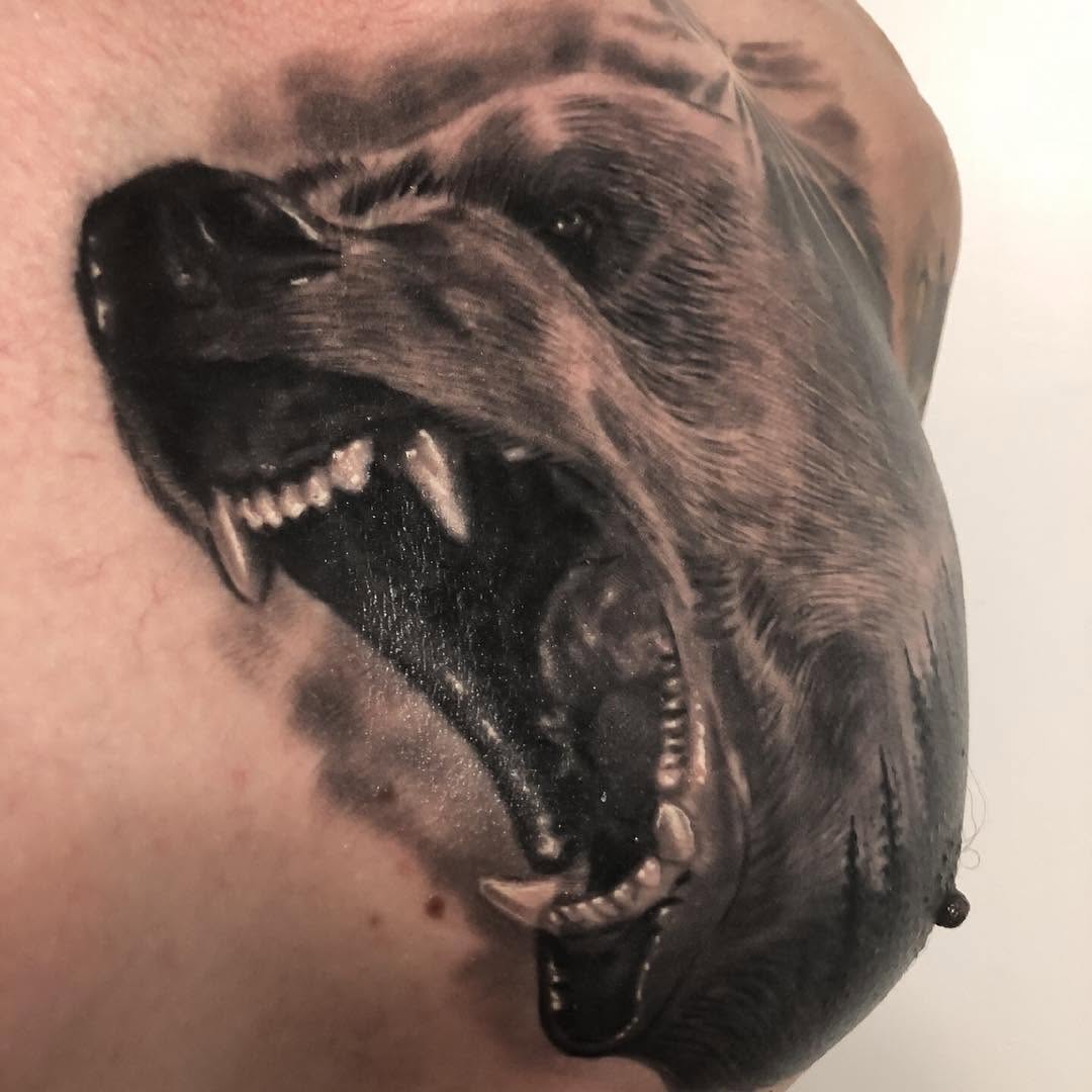 Black-and-grey roaring bear tattoo, chest