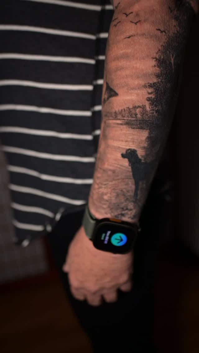 Black-and-grey dog sleeve, forearm scenery