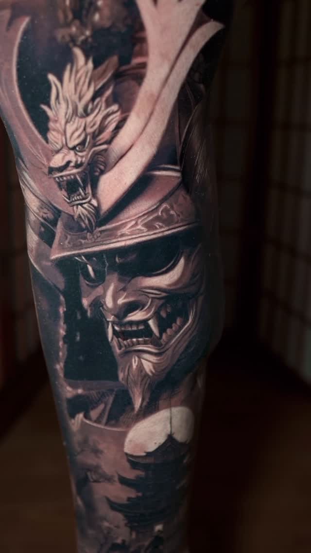 Black-and-grey samurai and dragon leg sleeve