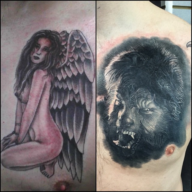 Werewolf cover-up of angel pin-up, chest