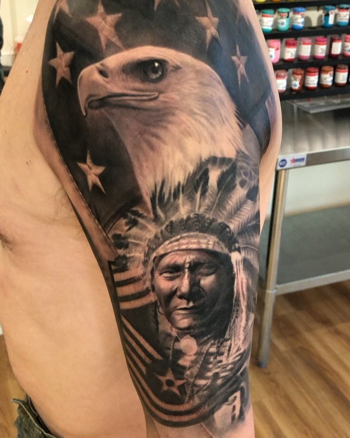 Bald eagle and Native chief half sleeve, black-and-grey