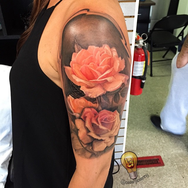 Realistic peach roses half-sleeve tattoo