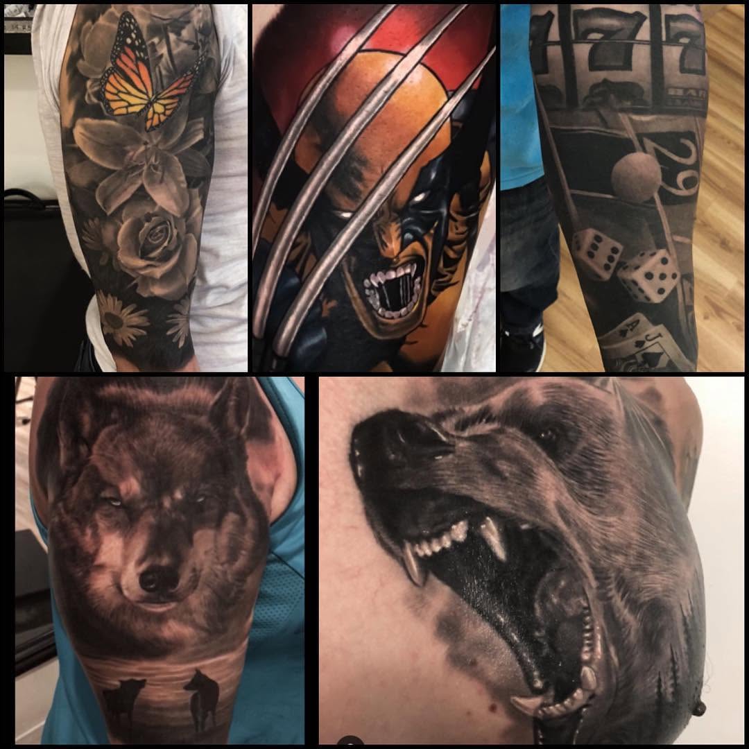 Realism tattoo highlights: florals, Wolverine, wolf, bear