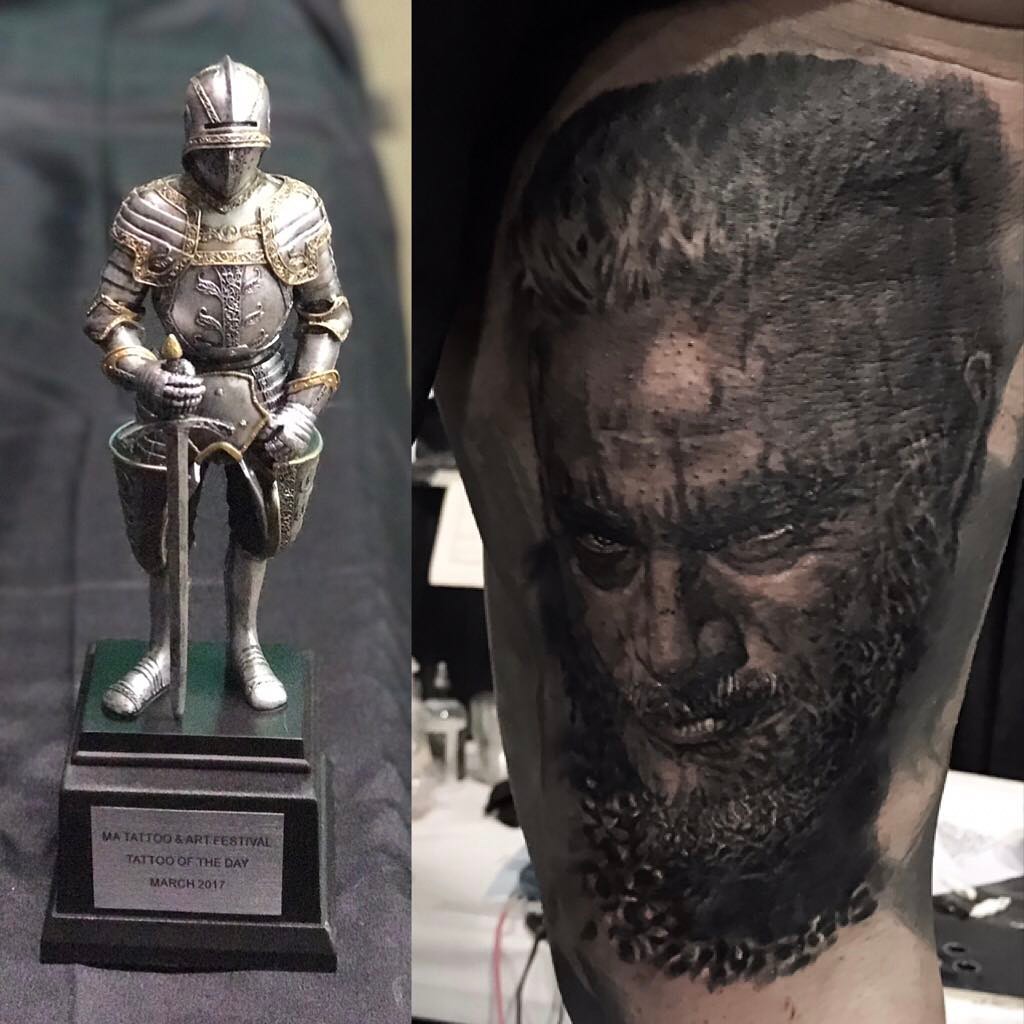 Ragnar Vikings portrait tattoo, black-and-grey