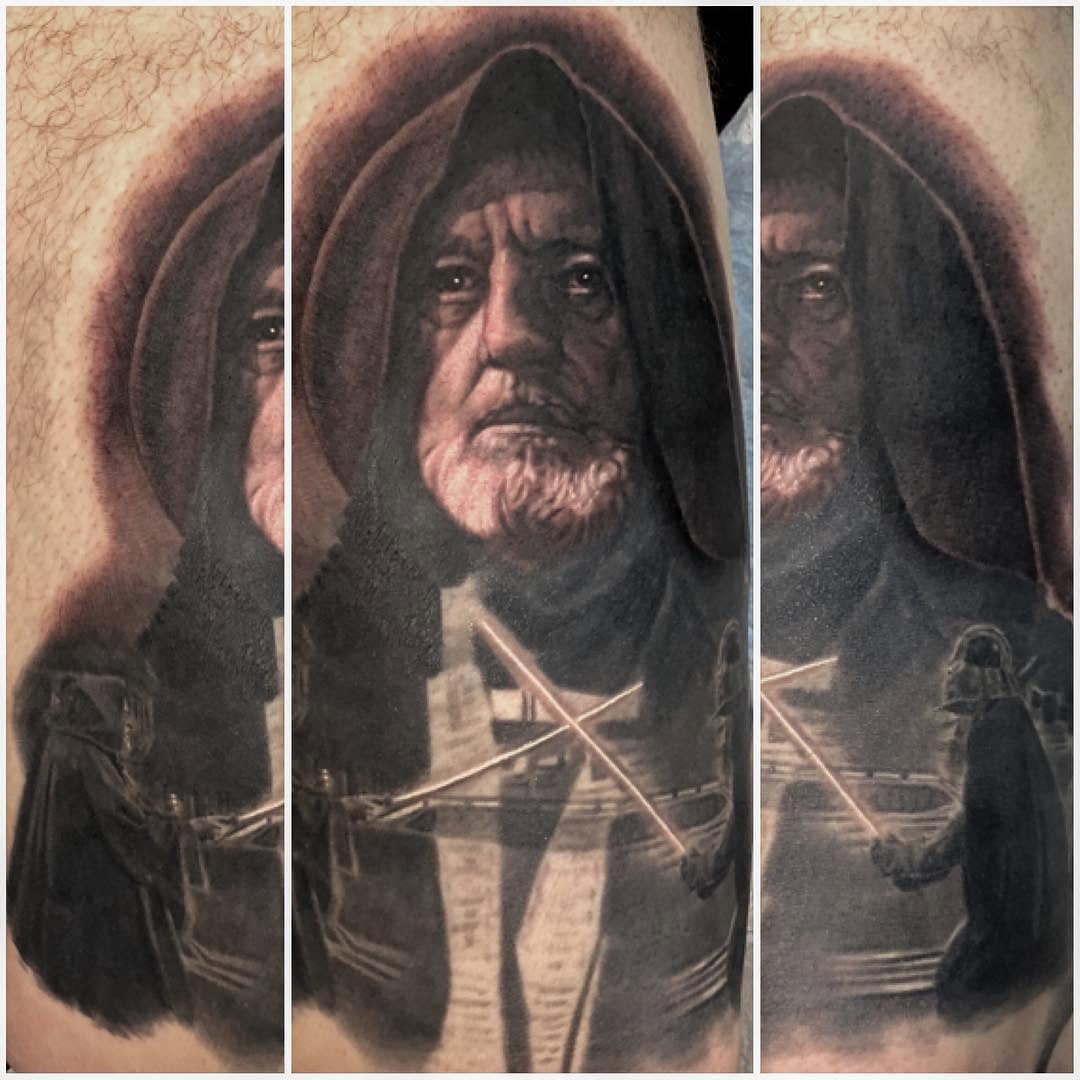 Obi-Wan Kenobi portrait tattoo, black and grey