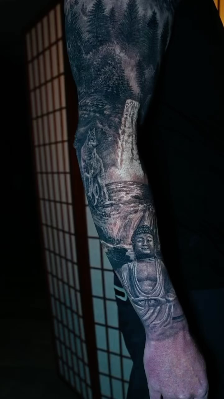 Black-and-grey nature sleeve with wolf and Buddha
