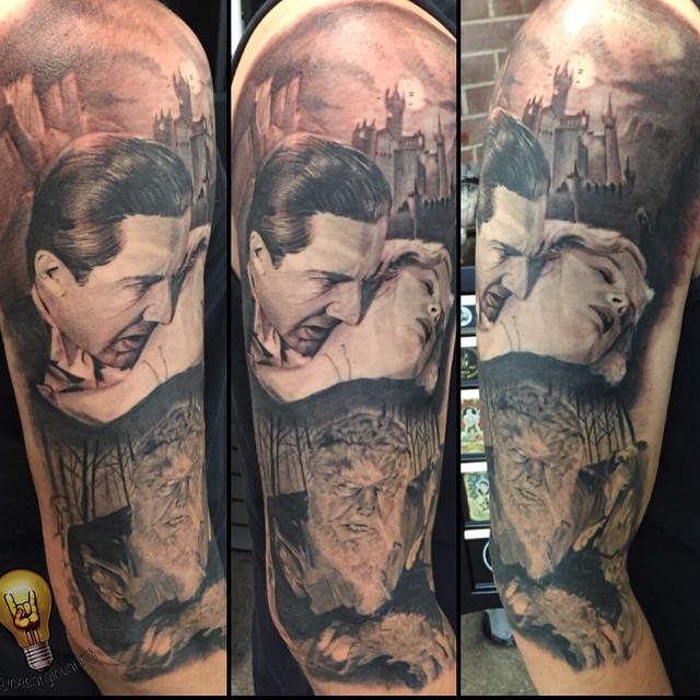 Black-and-grey Dracula & Wolfman half sleeve