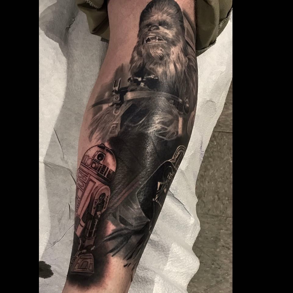 Star Wars black-and-grey leg sleeve in progress