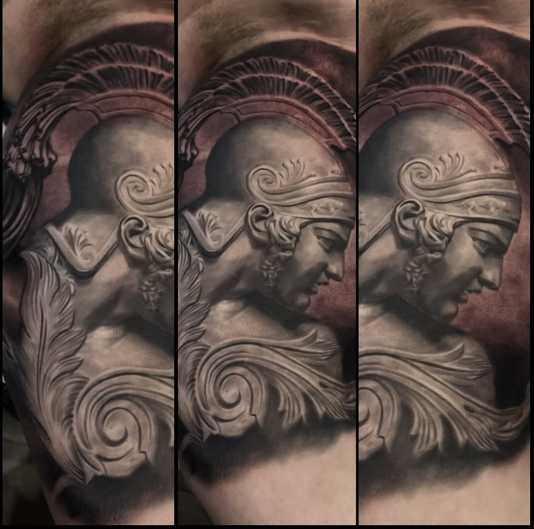 Achilles statue portrait tattoo, black and grey