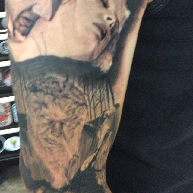 Black-and-grey horror sleeve, werewolf and portrait