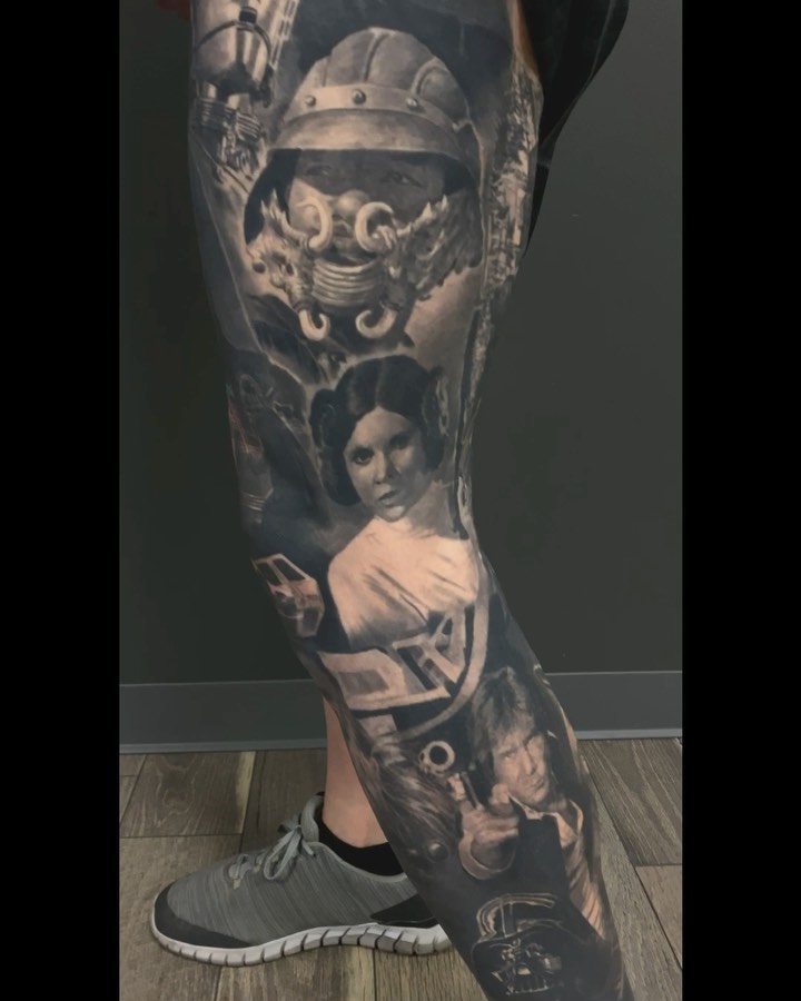 Star Wars black-and-grey leg sleeve, healed