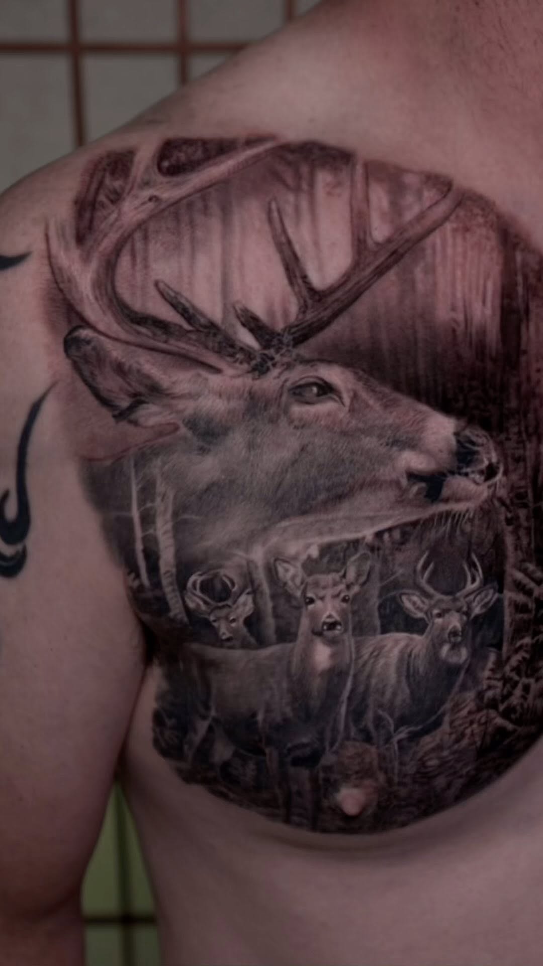 Black-and-grey deer family chest tattoo