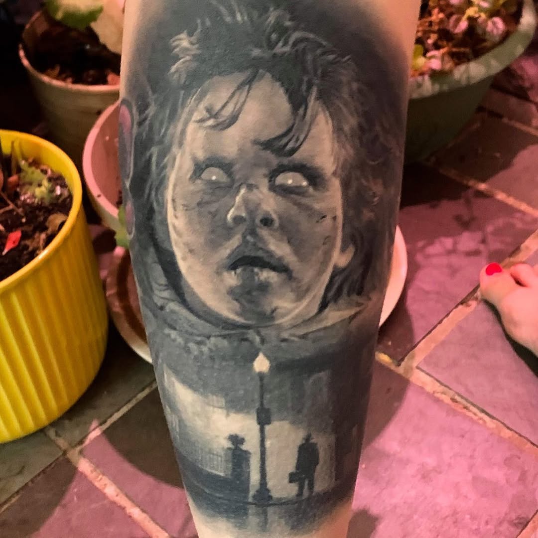Exorcist healed black-and-grey realism tattoo, leg