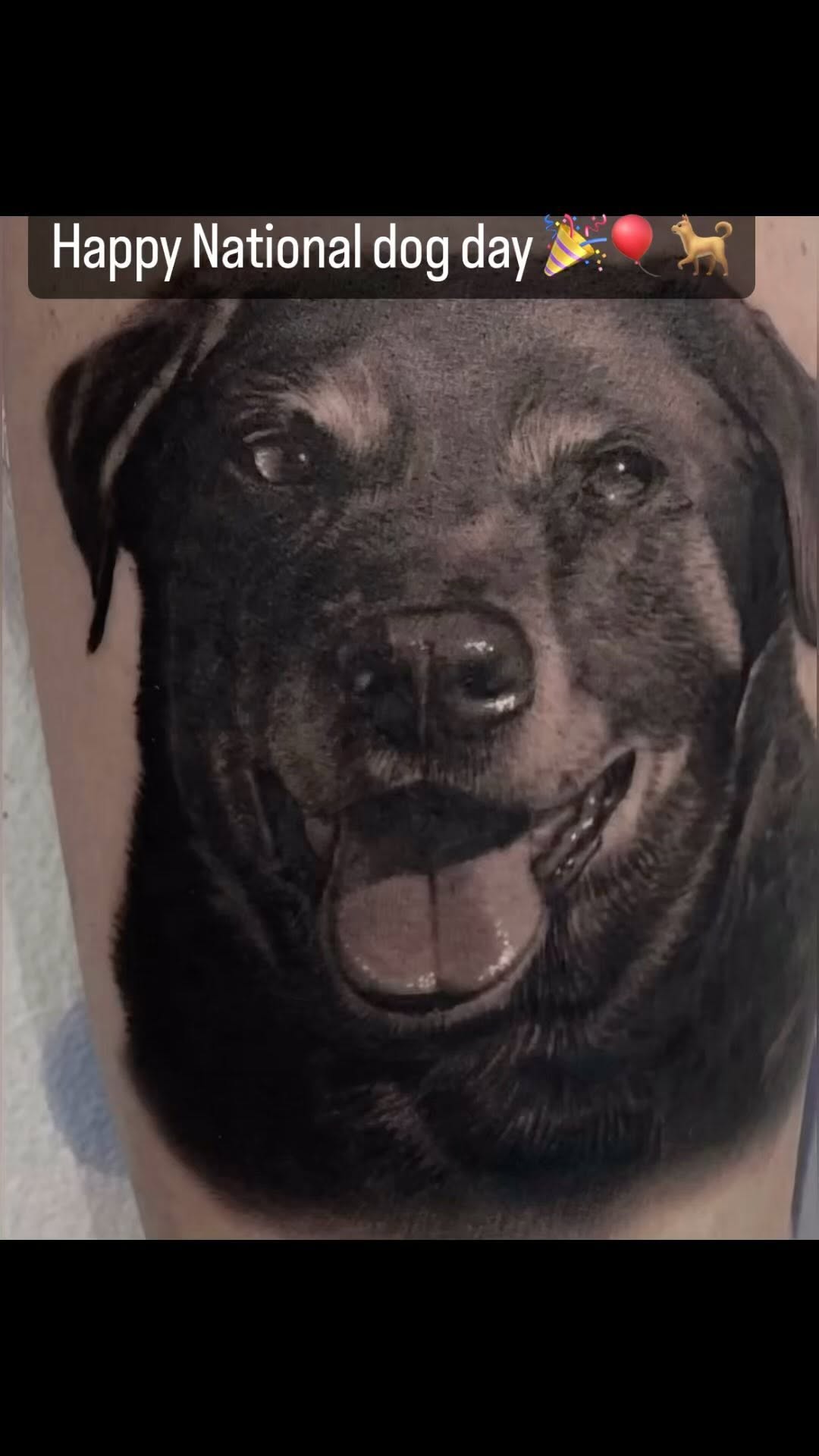 Black-and-grey Rottweiler portrait tattoo