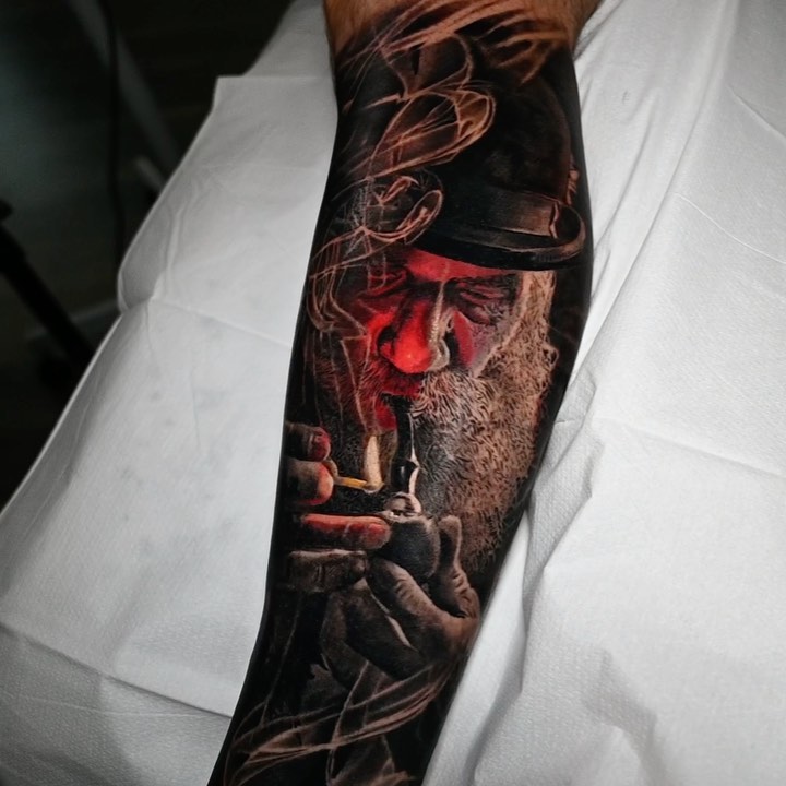 Realism portrait of old man smoking pipe, forearm