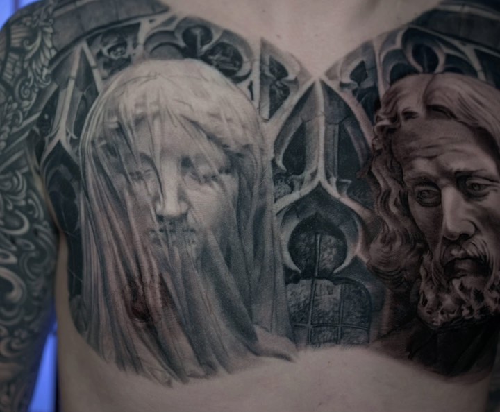 Black-and-grey Virgin Mary and Jesus chest piece
