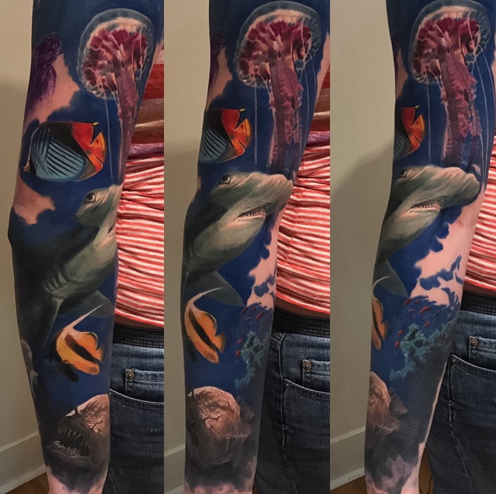 Color underwater ocean sleeve tattoo