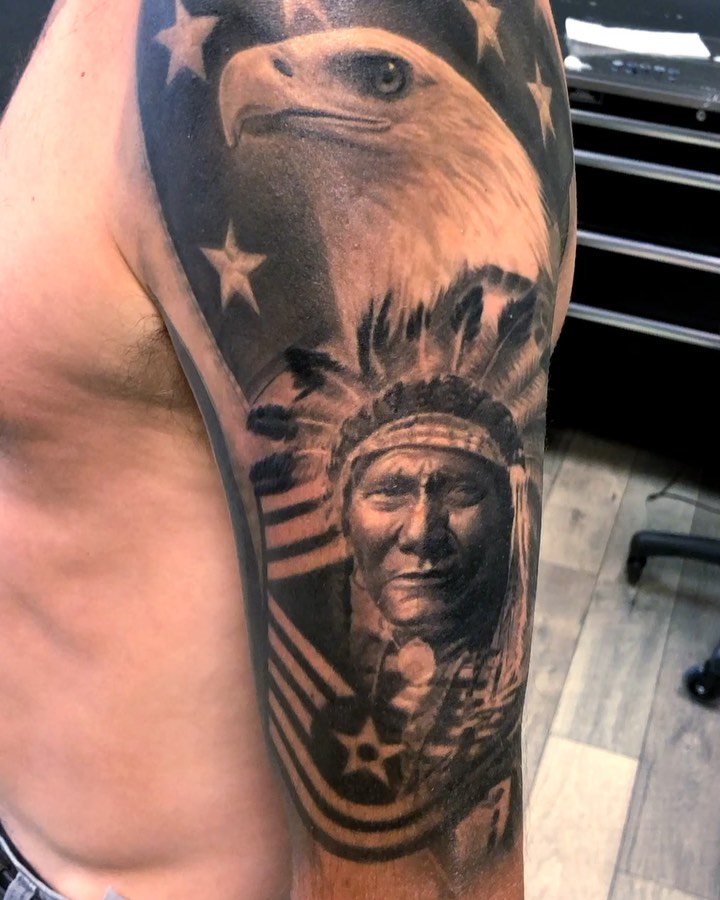 American eagle and Native chief half-sleeve