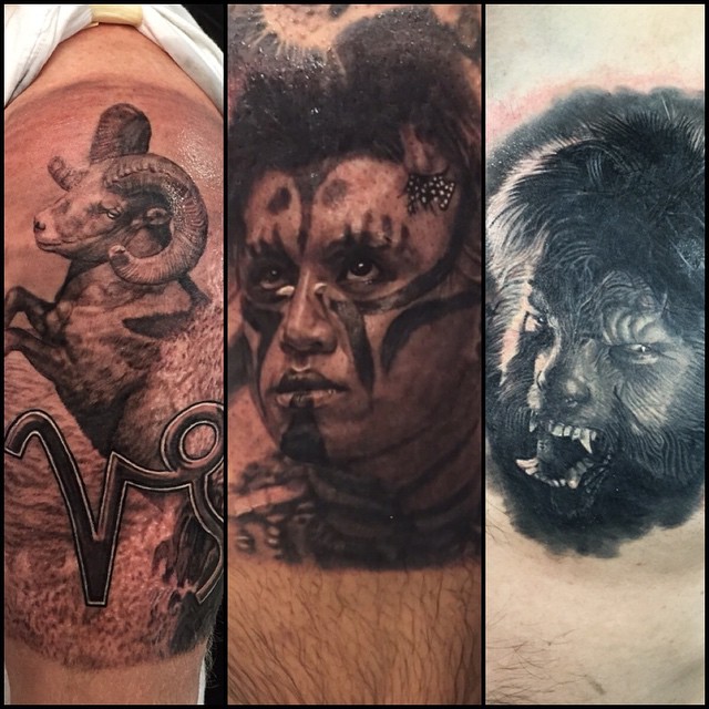 Black-and-grey realism trio: ram, tribal portrait, werewolf