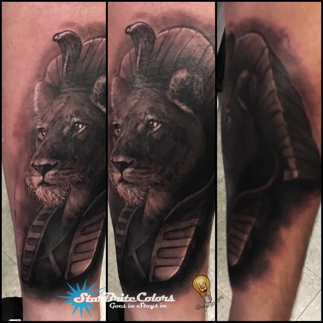Black-and-grey lioness pharaoh tattoo, forearm