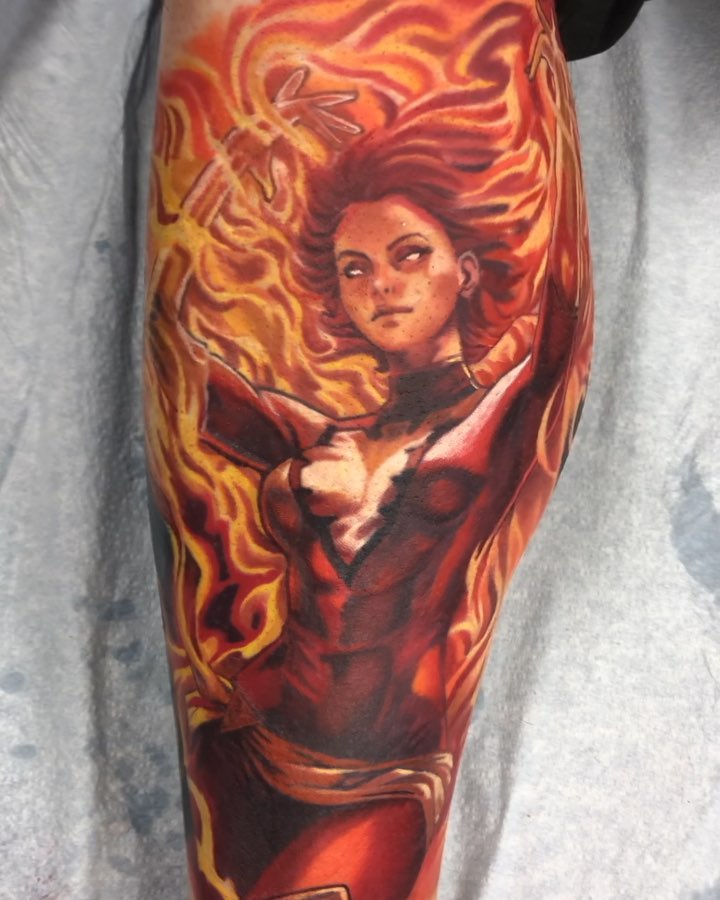 Dark Phoenix color portrait, leg sleeve