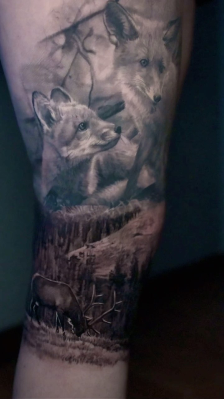 Black-and-grey fox and elk nature leg sleeve