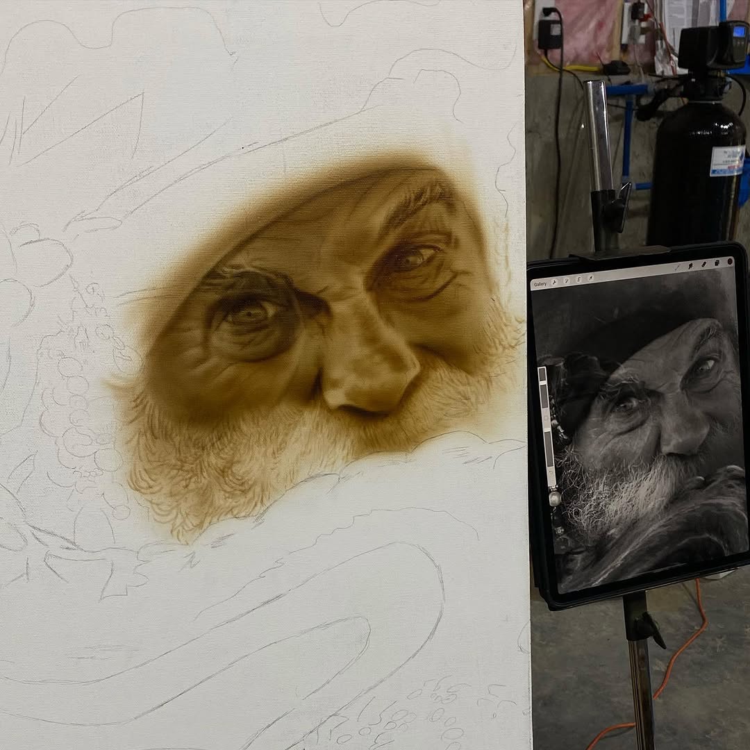 Airbrush portrait painting of an elderly bearded man