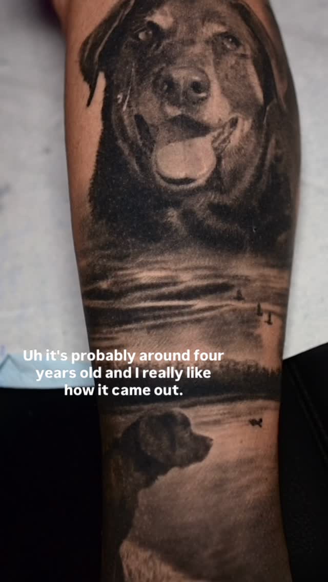 Black-and-grey dog portrait with lake scene, forearm