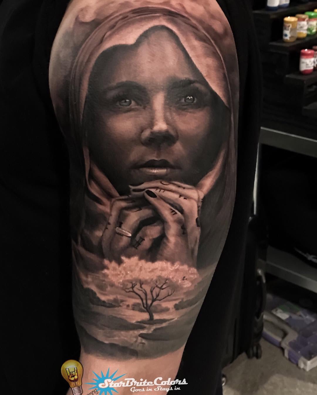 Black-and-grey hooded woman portrait sleeve