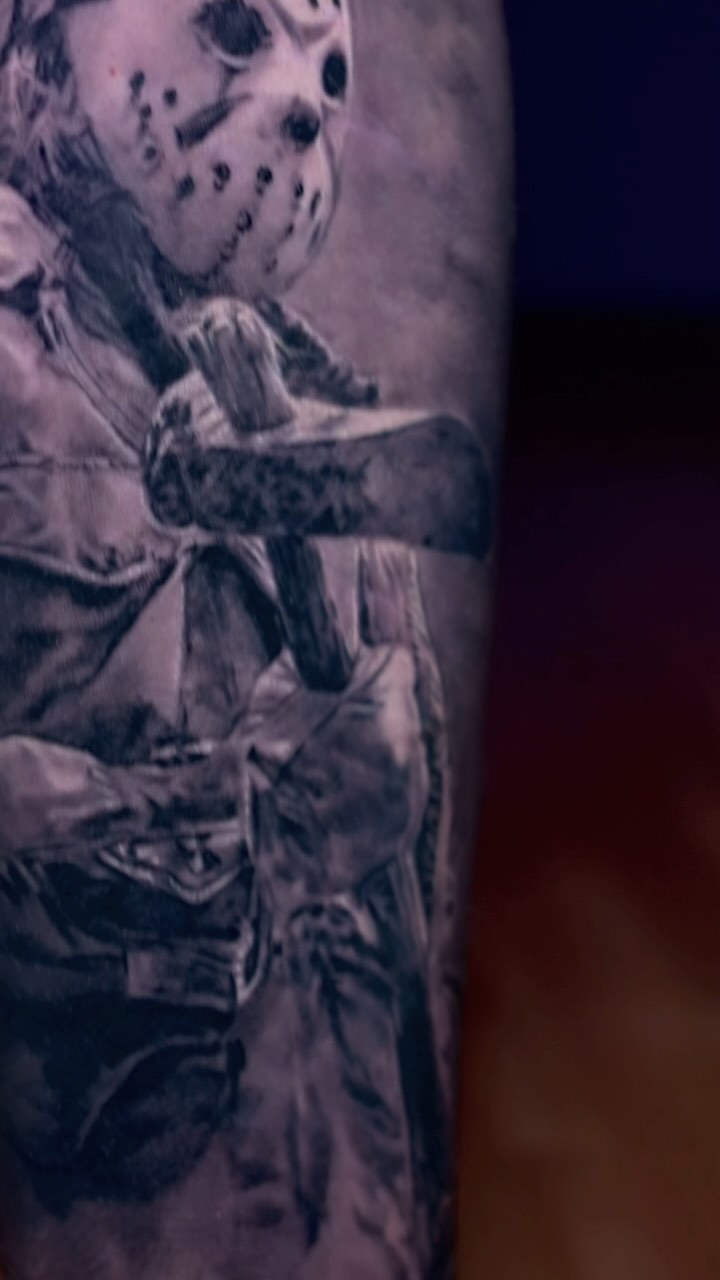 Jason Voorhees horror portrait, leg sleeve
