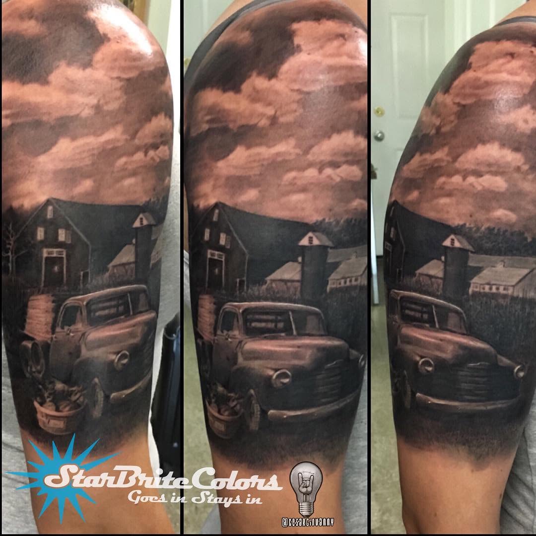 Black-and-grey vintage truck and barn half-sleeve