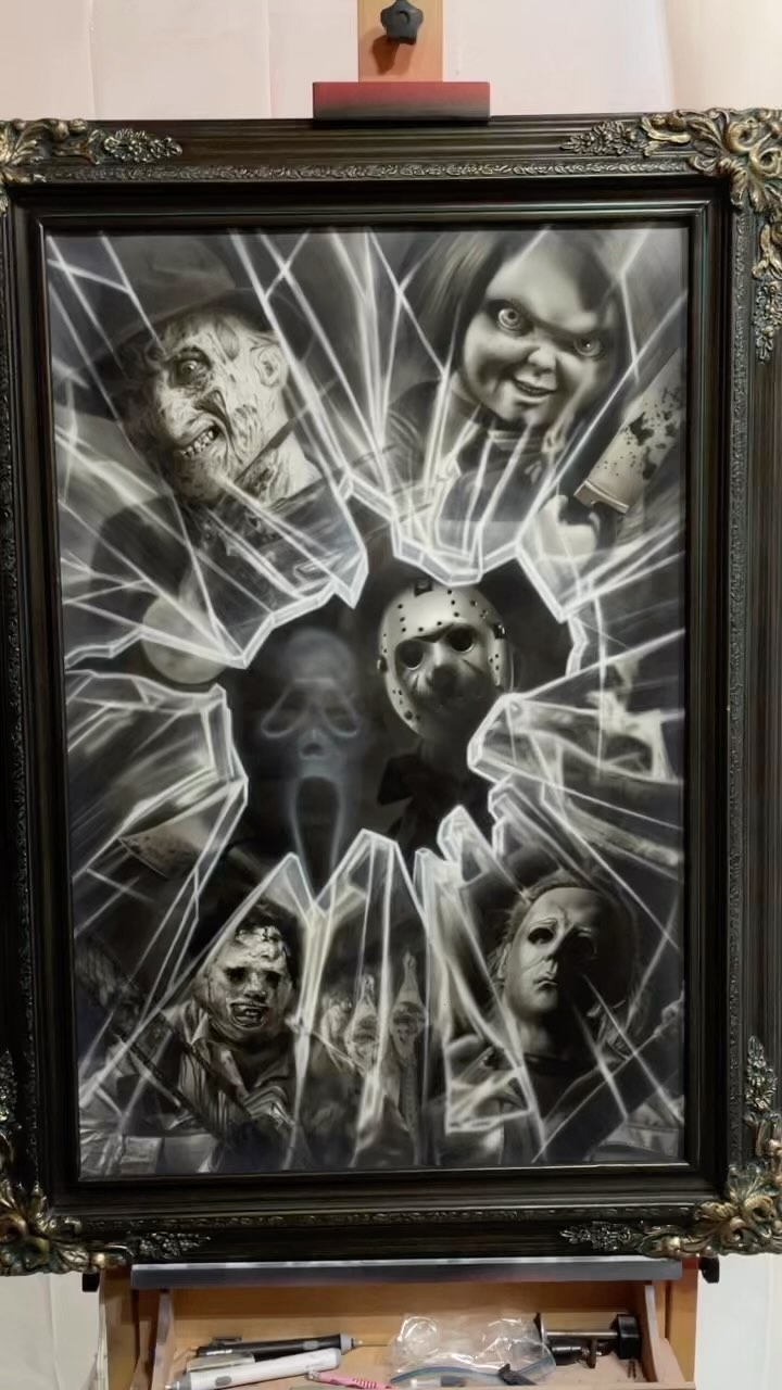 Horror icons black-and-grey airbrush painting