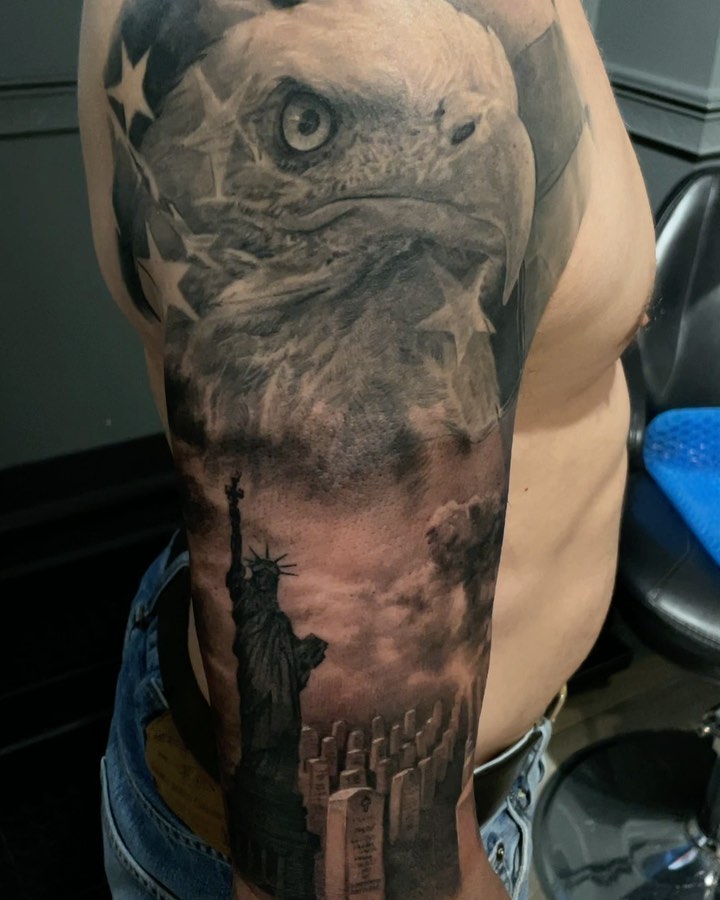 American patriotic half-sleeve, bald eagle & Liberty