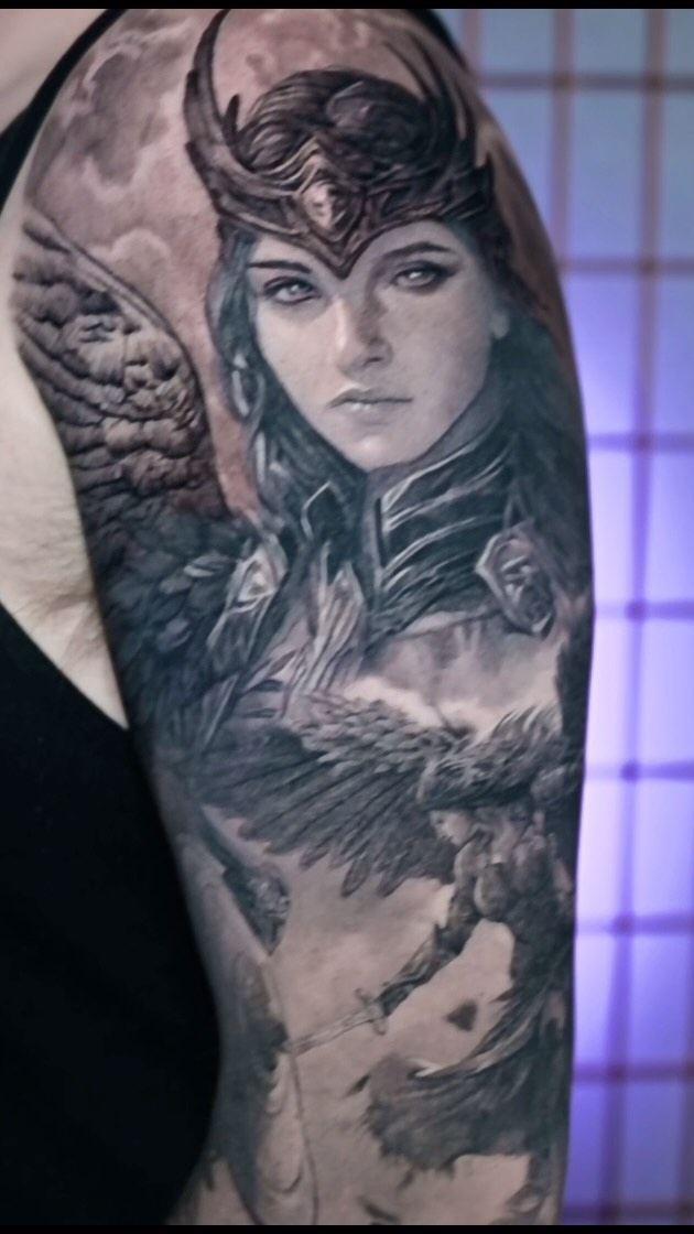 Black-and-grey Valkyrie portrait, half sleeve