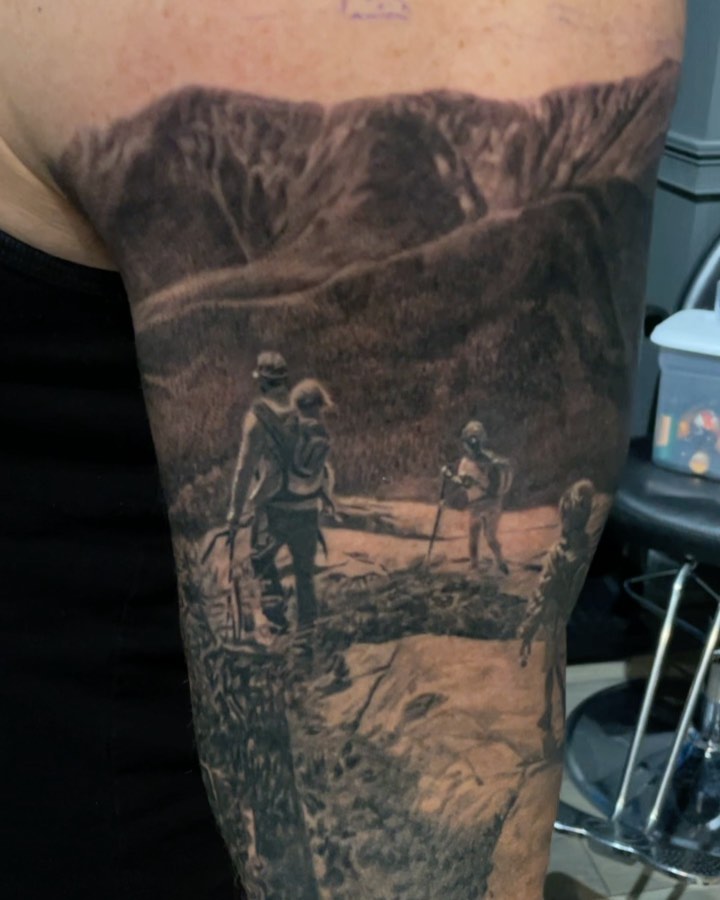 Black-and-grey mountain hiking scene, half sleeve