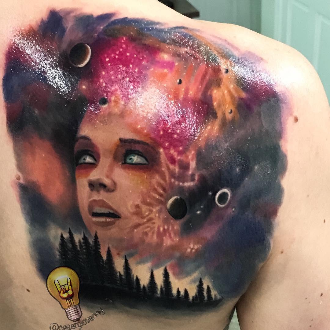 Cosmic woman portrait with galaxy, back