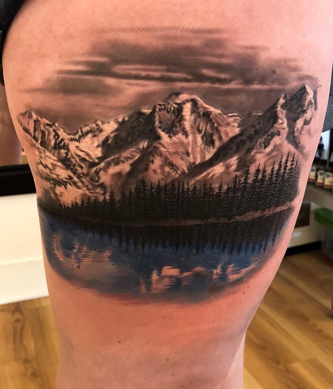 Realistic mountain lake landscape, thigh