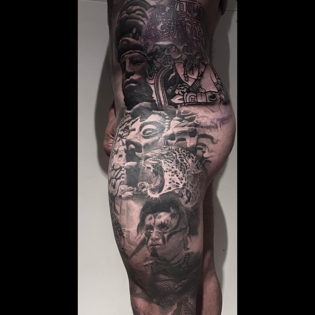 Black-and-grey Mayan leg sleeve in progress
