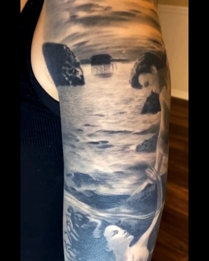 Black-and-grey mermaid seascape half-sleeve