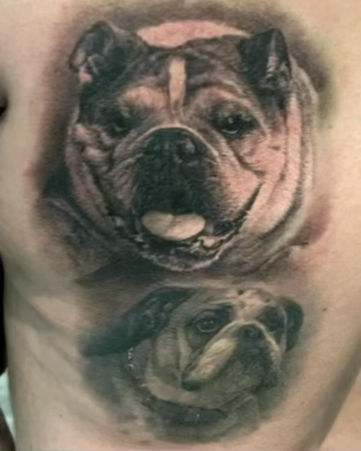 Black-and-grey bulldog portraits, chest memorial