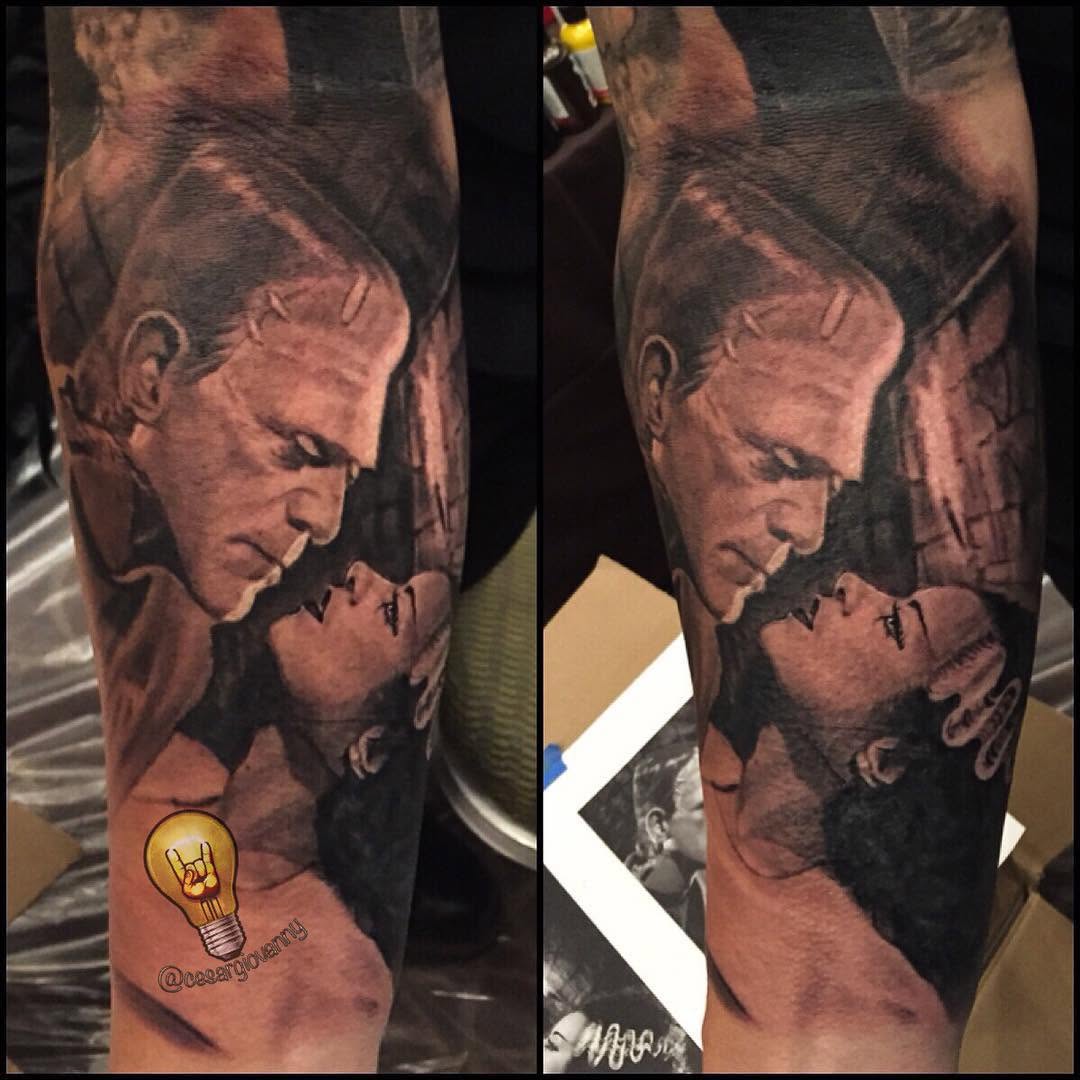 Frankenstein & Bride black-and-grey forearm tattoo