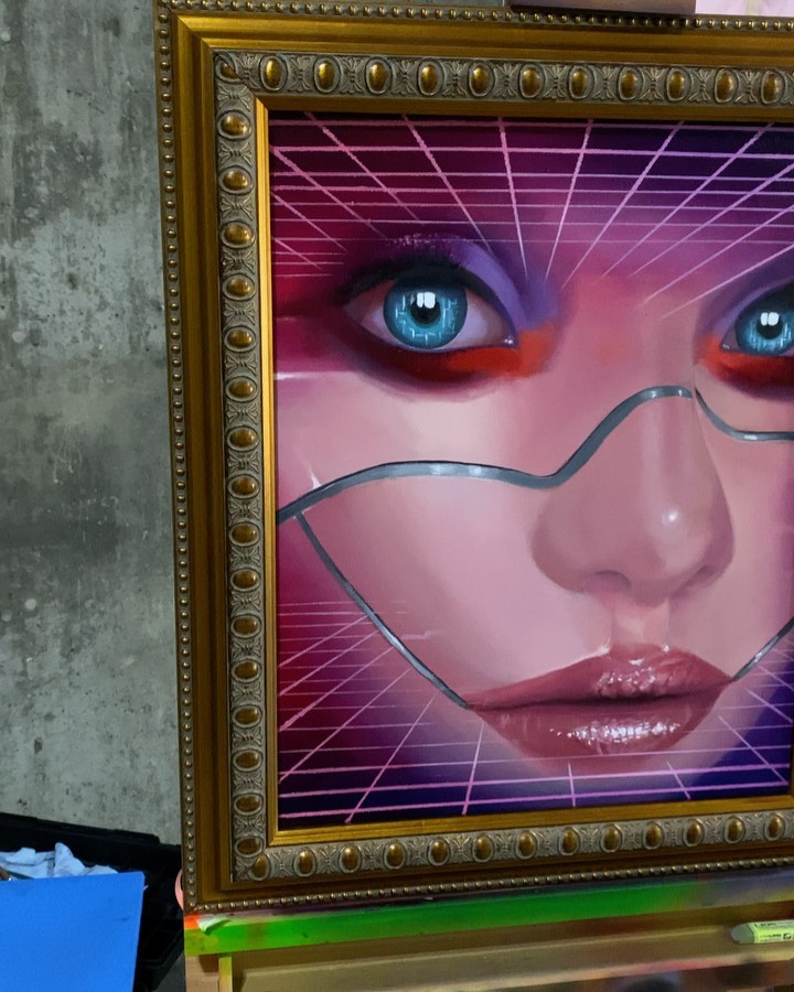 Cyborg girl oil painting in gold frame