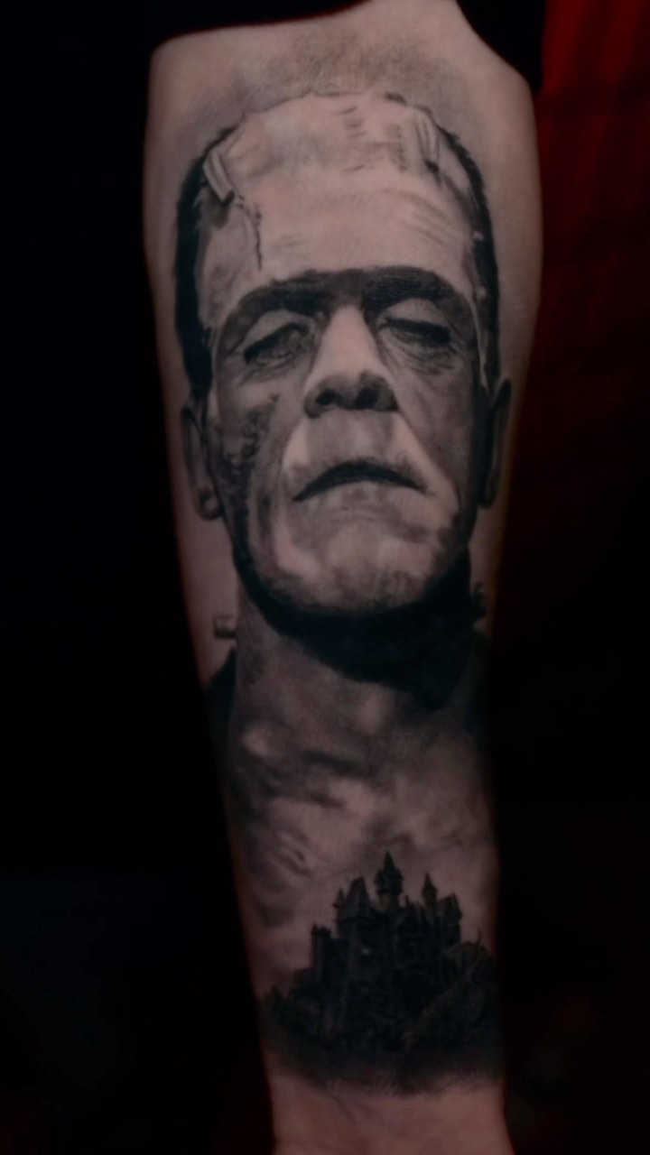 Frankenstein portrait tattoo, forearm