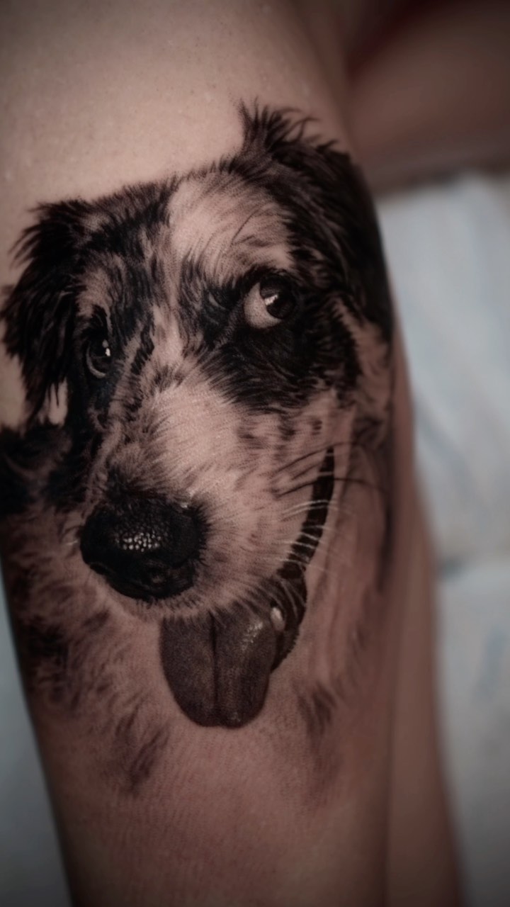 Black-and-grey dog portrait tattoo