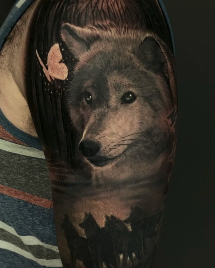 Black-and-grey wolf portrait tattoo, half-sleeve