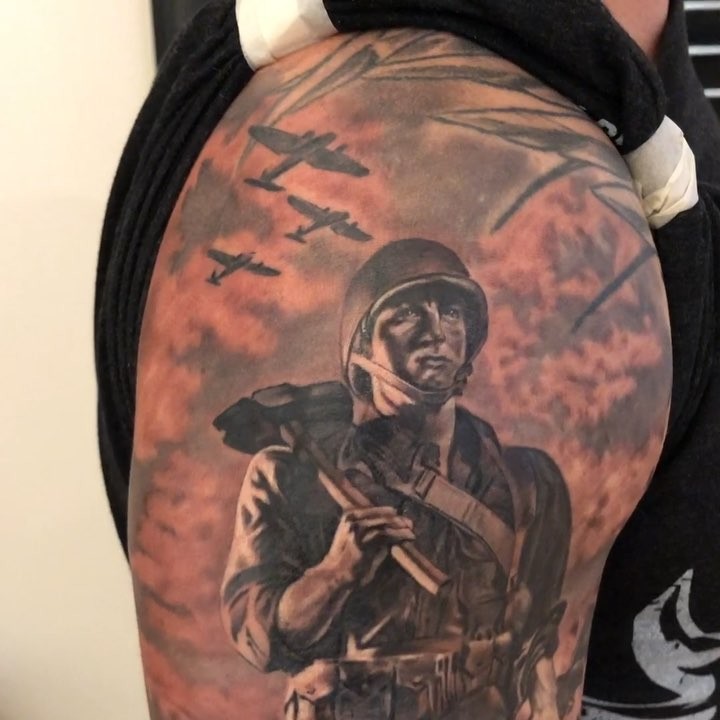 WWII soldier and bomber planes, bicep