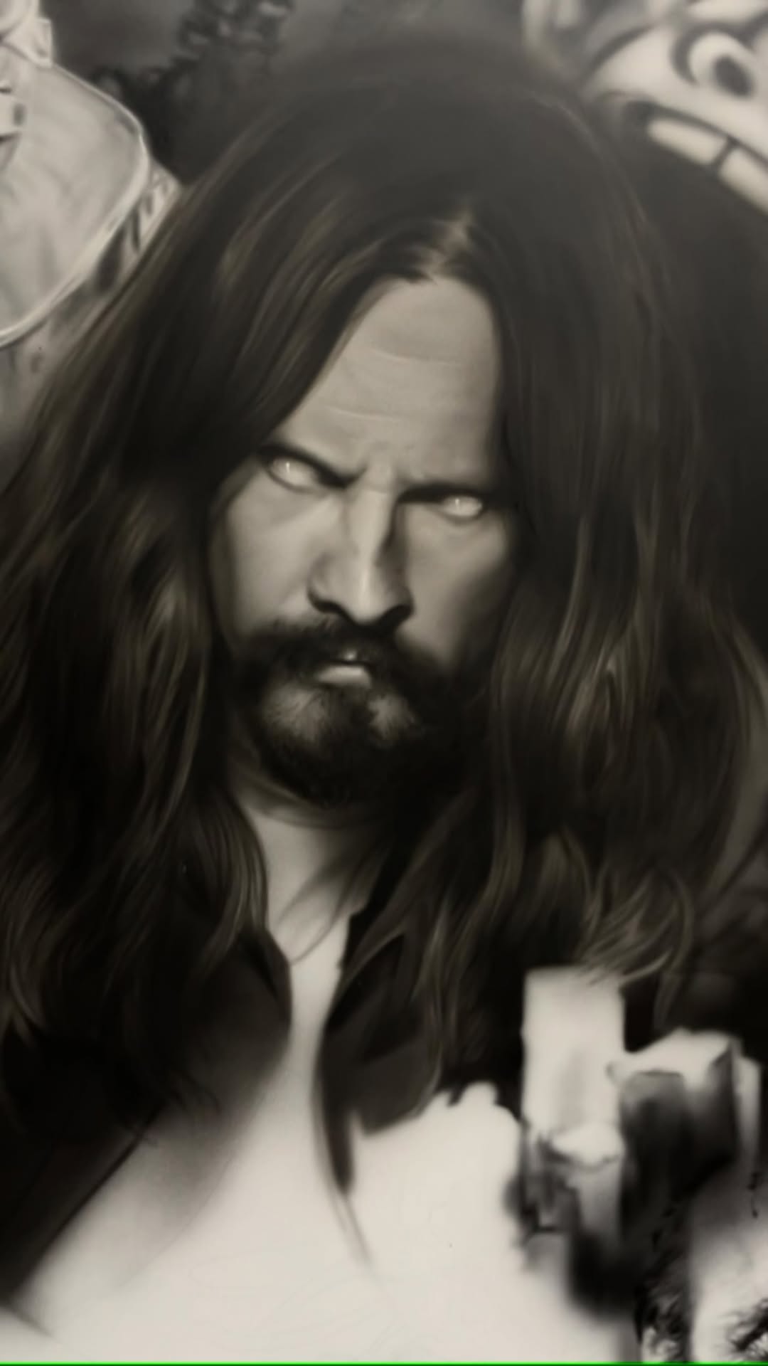 Rob Zombie airbrush painting, black-and-grey