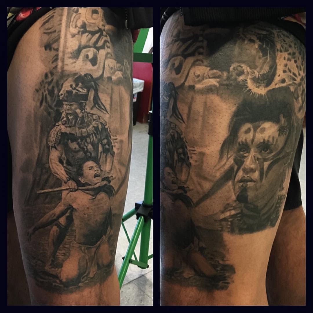 Mayan warrior leg sleeve, black-and-grey realism