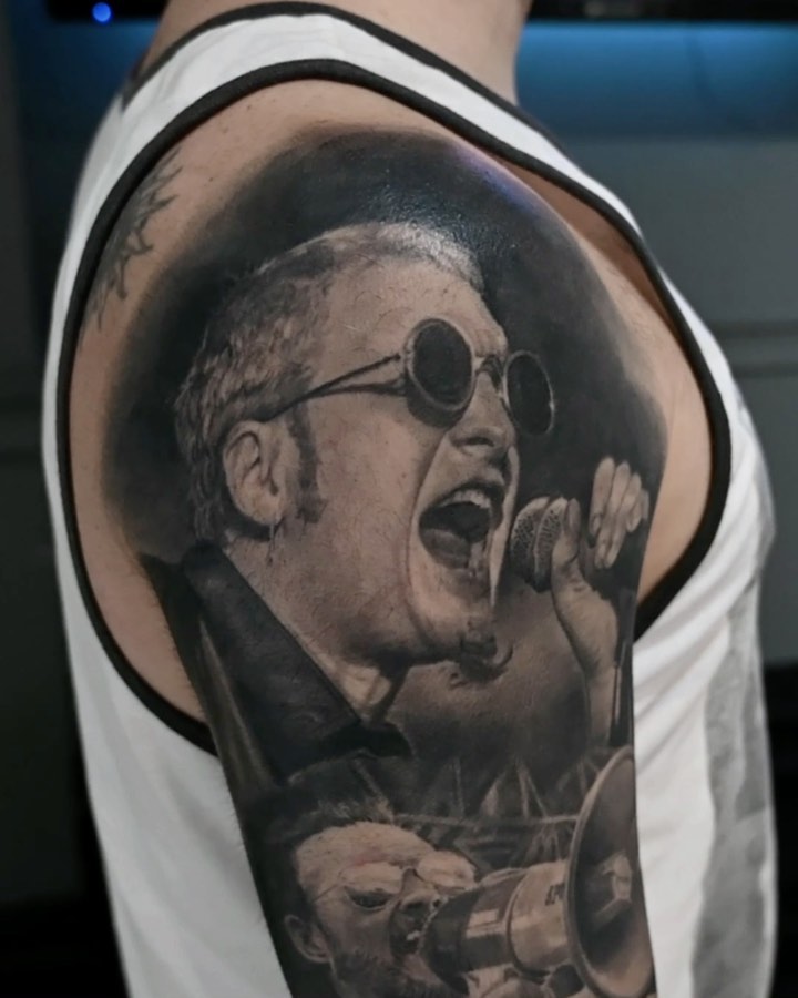 Black-and-grey 90s grunge music portrait sleeve